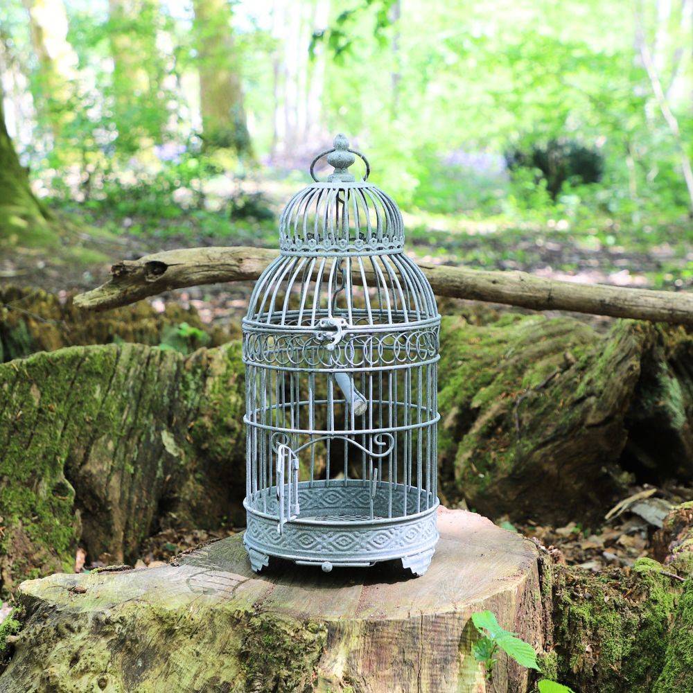 Cage à oiseaux décorative ancienne métal gris ø21x48cm Chemin de campagne - Imagen 3