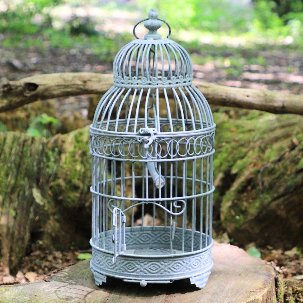 Cage à oiseaux décorative ancienne métal gris ø21x48cm Chemin de campagne - Imagen 2
