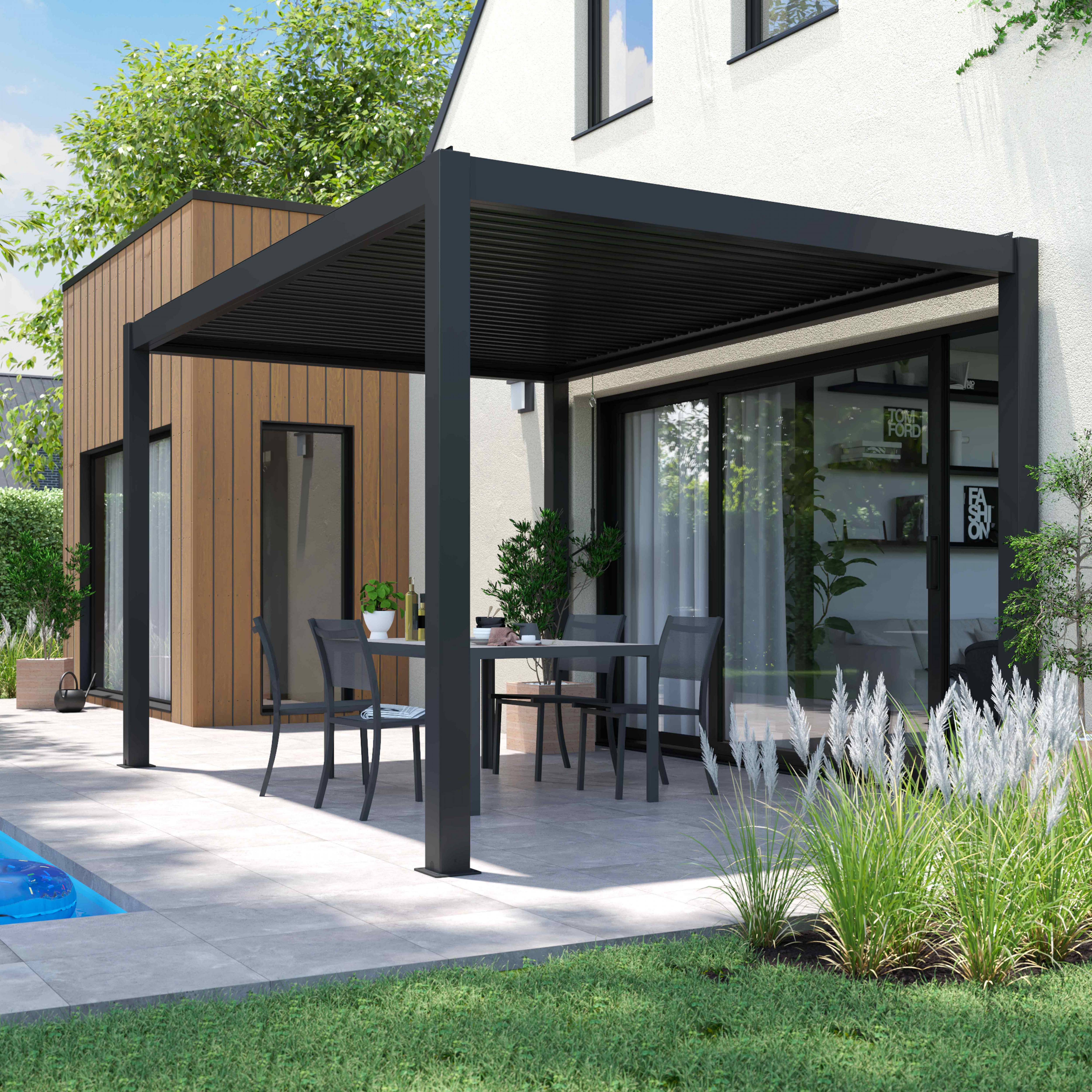Oviala - Pergola bioclimatique 3x4m autoportée avec 2 stores 2,66 X 2,34 m gris Athenes - Oviala - Imagen 4