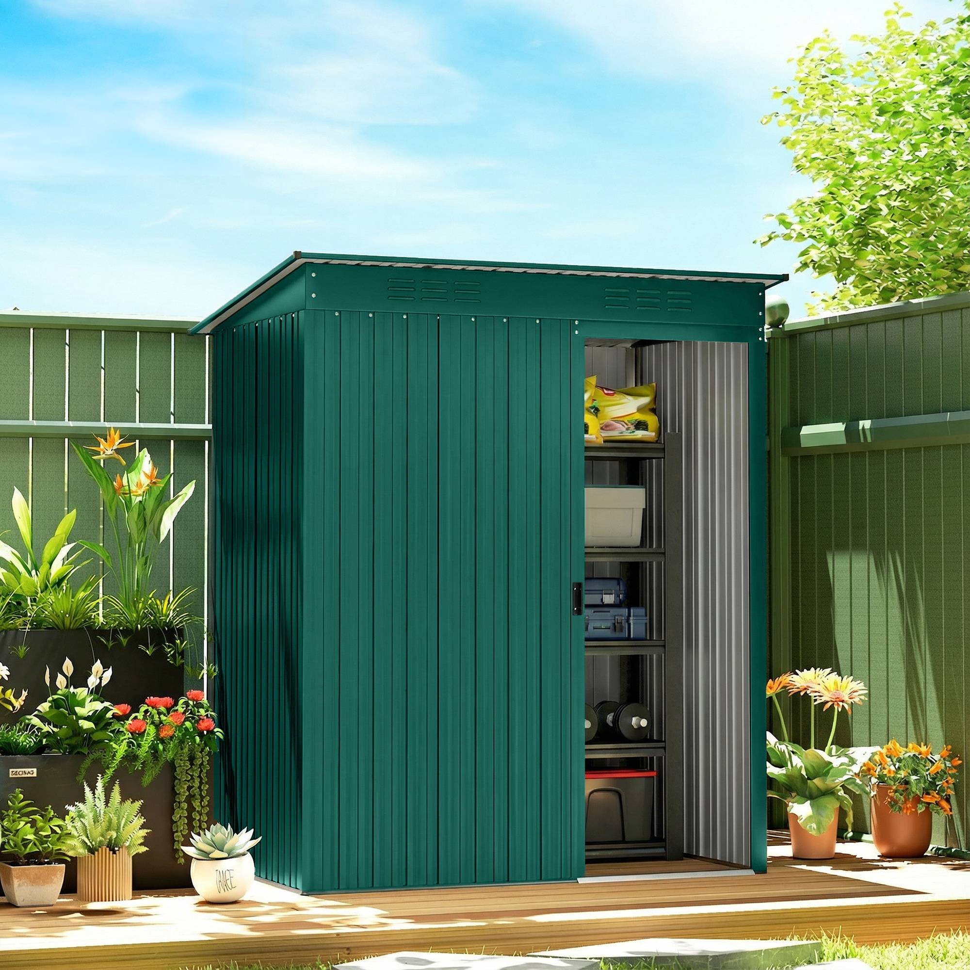 Abri jardin métal avec aérations porte coulissante 159x106x181 cm cabanon extérieur rangement outils vert - Image 4