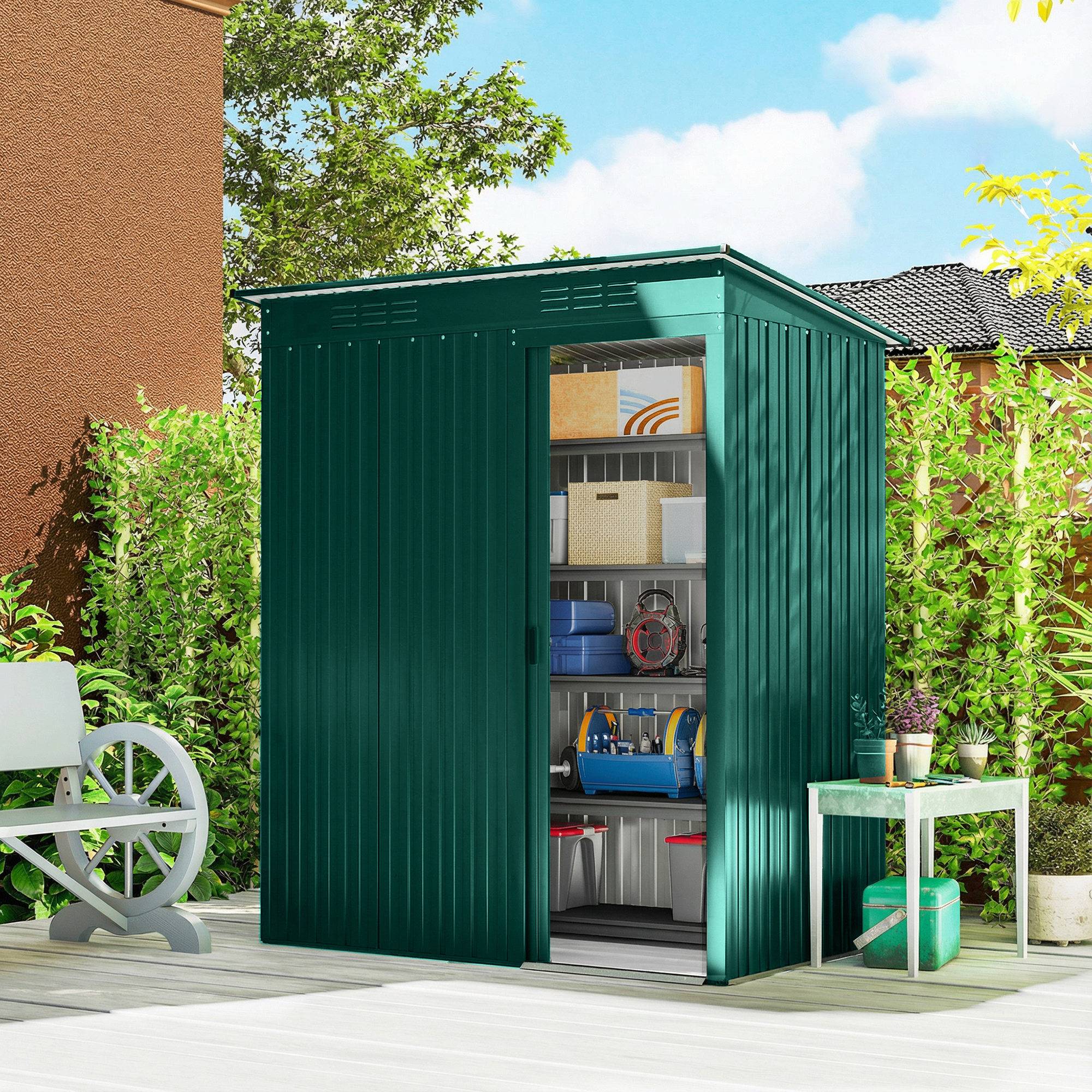 Abri jardin métal avec aérations porte coulissante 159x106x181 cm cabanon extérieur rangement outils vert - Image 3