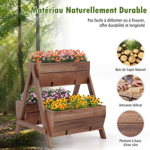 Helloshop26 - Jardinière surélevée en bois de sapin 3 bacs à fleurs trous de drainage jardinière sur pieds légumes fleurs fruits brun - Imagen 3