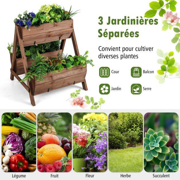 Helloshop26 - Jardinière surélevée en bois de sapin 3 bacs à fleurs trous de drainage jardinière sur pieds légumes fleurs fruits brun - Imagen 4