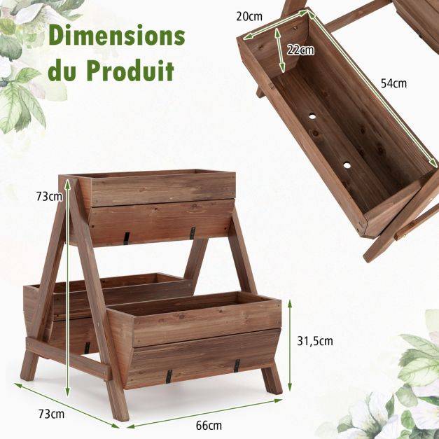 Helloshop26 - Jardinière surélevée en bois de sapin 3 bacs à fleurs trous de drainage jardinière sur pieds légumes fleurs fruits brun - Imagen 5