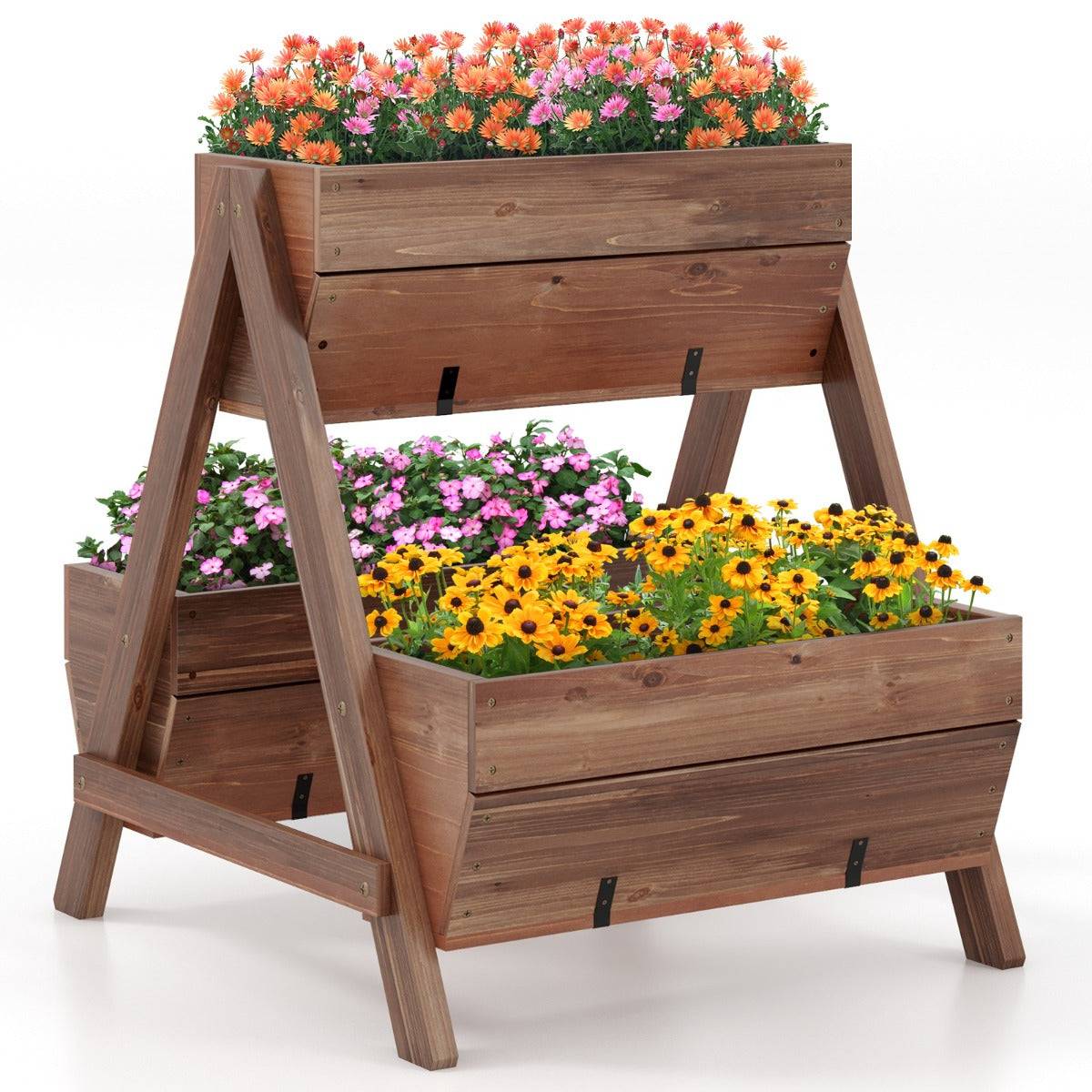 Helloshop26 - Jardinière surélevée en bois de sapin 3 bacs à fleurs trous de drainage jardinière sur pieds légumes fleurs fruits brun - Imagen 1