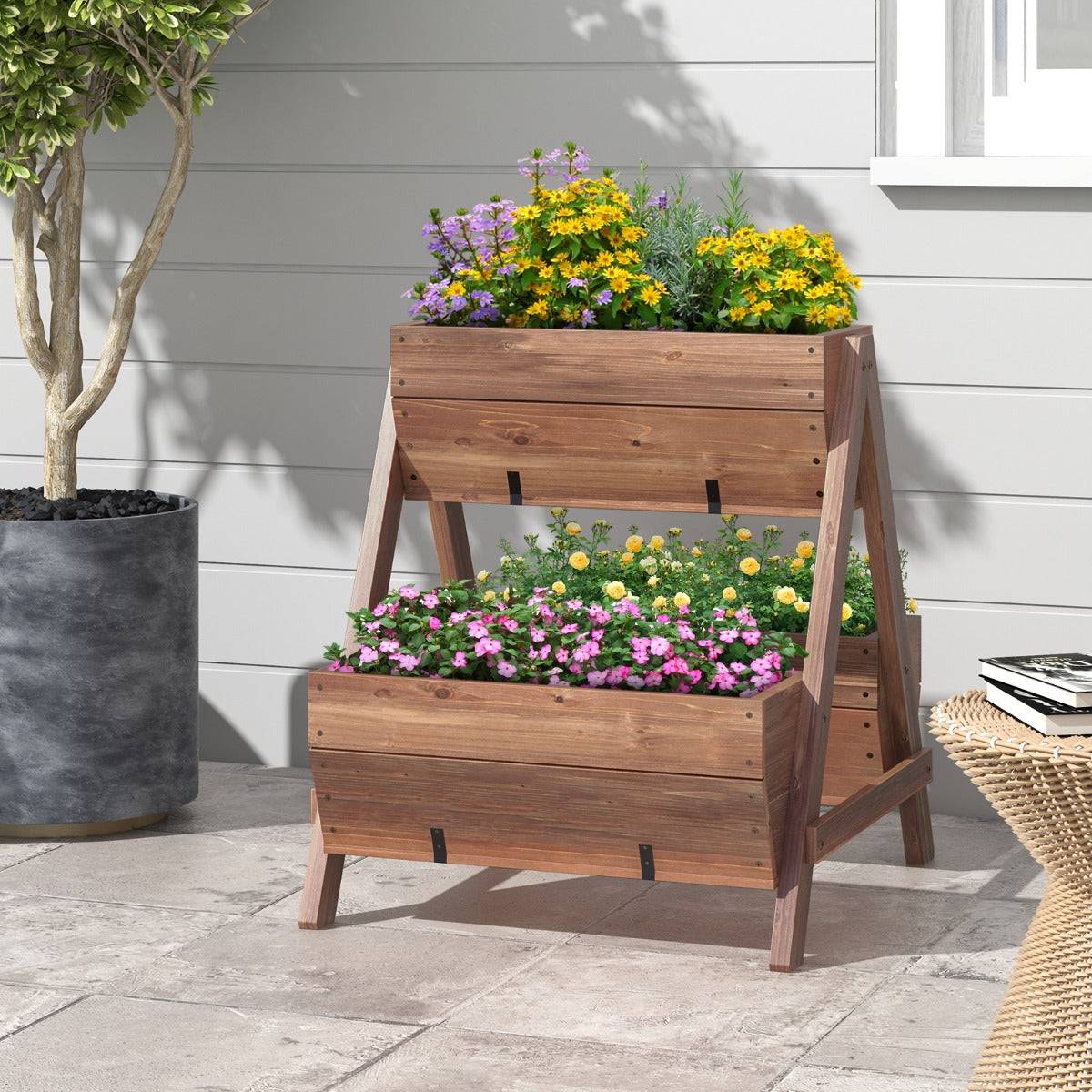 Helloshop26 - Jardinière surélevée en bois de sapin 3 bacs à fleurs trous de drainage jardinière sur pieds légumes fleurs fruits brun - Imagen 2