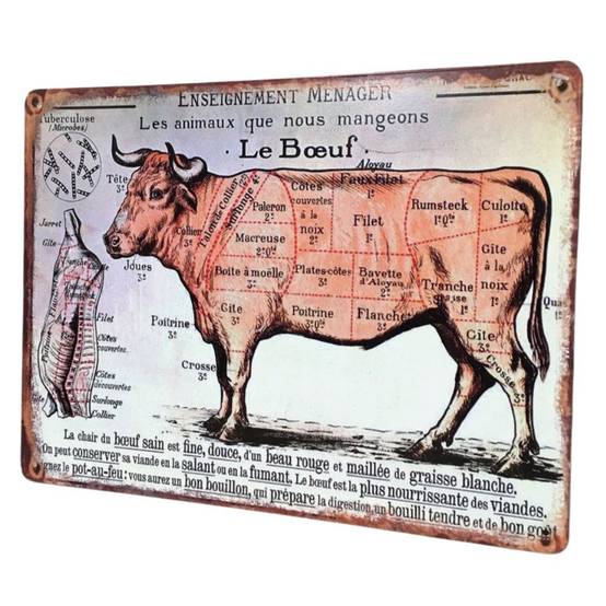 ~ Plaque boucheries coupe de boeuf en fer multicolore 33x25cm Chemin de campagne - Imagen 1