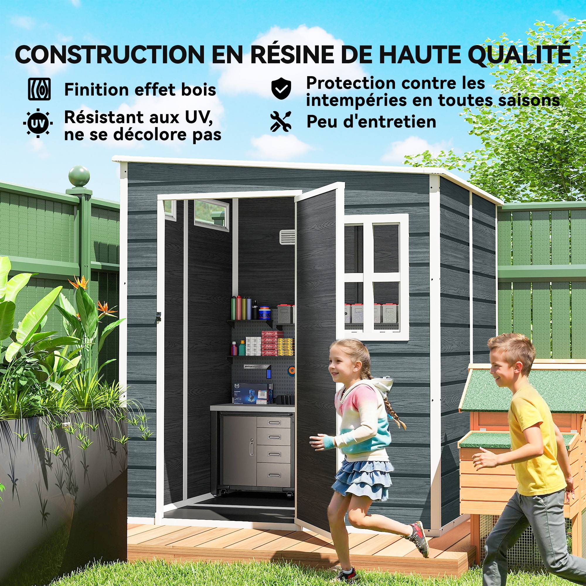 Abri de Jardin Cabanon de Stockage Plancher Structure Aluminium 3 Fenêtres 2 Aérations 182x182x183cm Gris Effet Bois - Image 9
