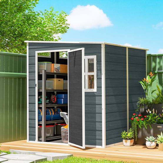 Abri de Jardin Cabanon de Stockage Plancher Structure Aluminium 3 Fenêtres 2 Aérations 182x182x183cm Gris Effet Bois - Image 4