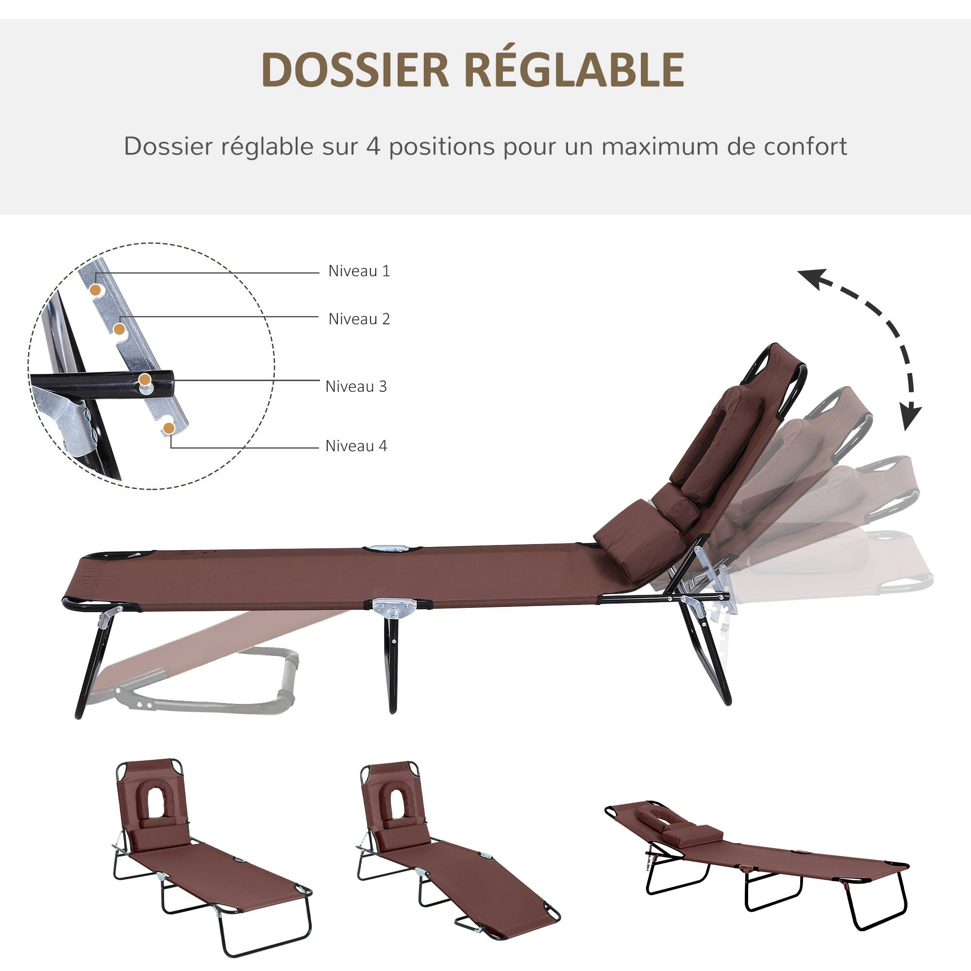 Bain de Soleil Pliable transat inclinable 4 Positions Chaise Longue 3 Coussins fournis Marron fr107 - Image 6