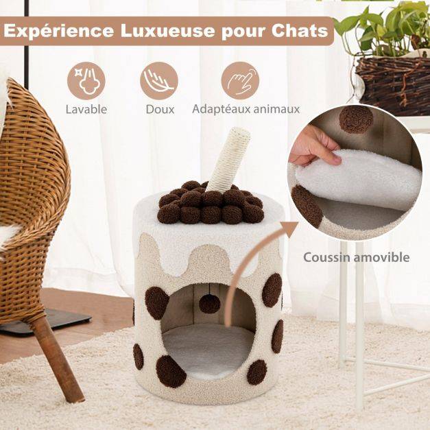 Helloshop26 - Tour d'arbre à chat bubble tea condo griffoir en sisal jouet boule pendante pour chats d'intérieur centre d'activité mignon pour chat café - Imagen 3