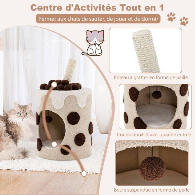 Helloshop26 - Tour d'arbre à chat bubble tea condo griffoir en sisal jouet boule pendante pour chats d'intérieur centre d'activité mignon pour chat café - Imagen 2