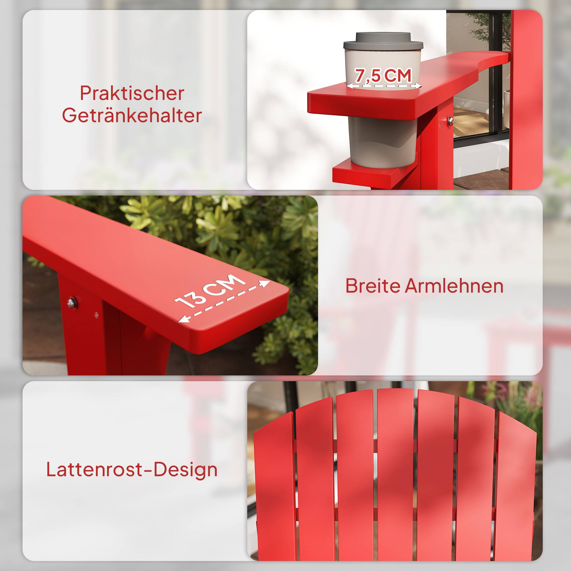 Fauteuil de jardin Andirondack, chaise d'extérieur, 72 cm x 97 cm x 92 cm, rouge - Image 10