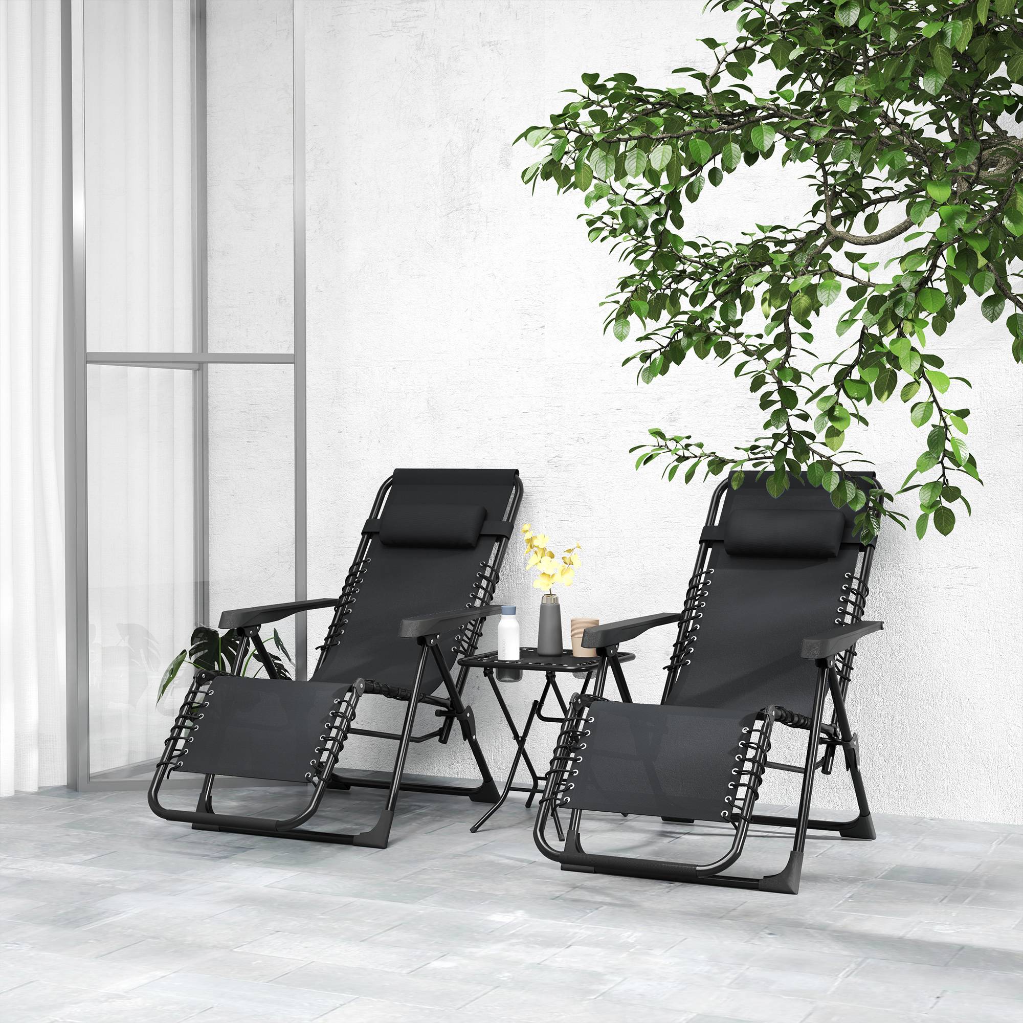 Outsunny - Lot 2 chaises longues pliables inclinables avec table d'appoint gravité zéro porte-gobelets appuie-tête charge 120kg noir - Outsunny - Image 4