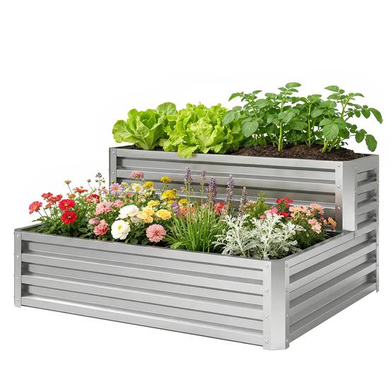 Jardinière d'extérieur en acier galvanisé avec structure en forme d'échelle, base ouverte pour la culture de plantes, 120 x 101 x 58 cm, argent - Image 2