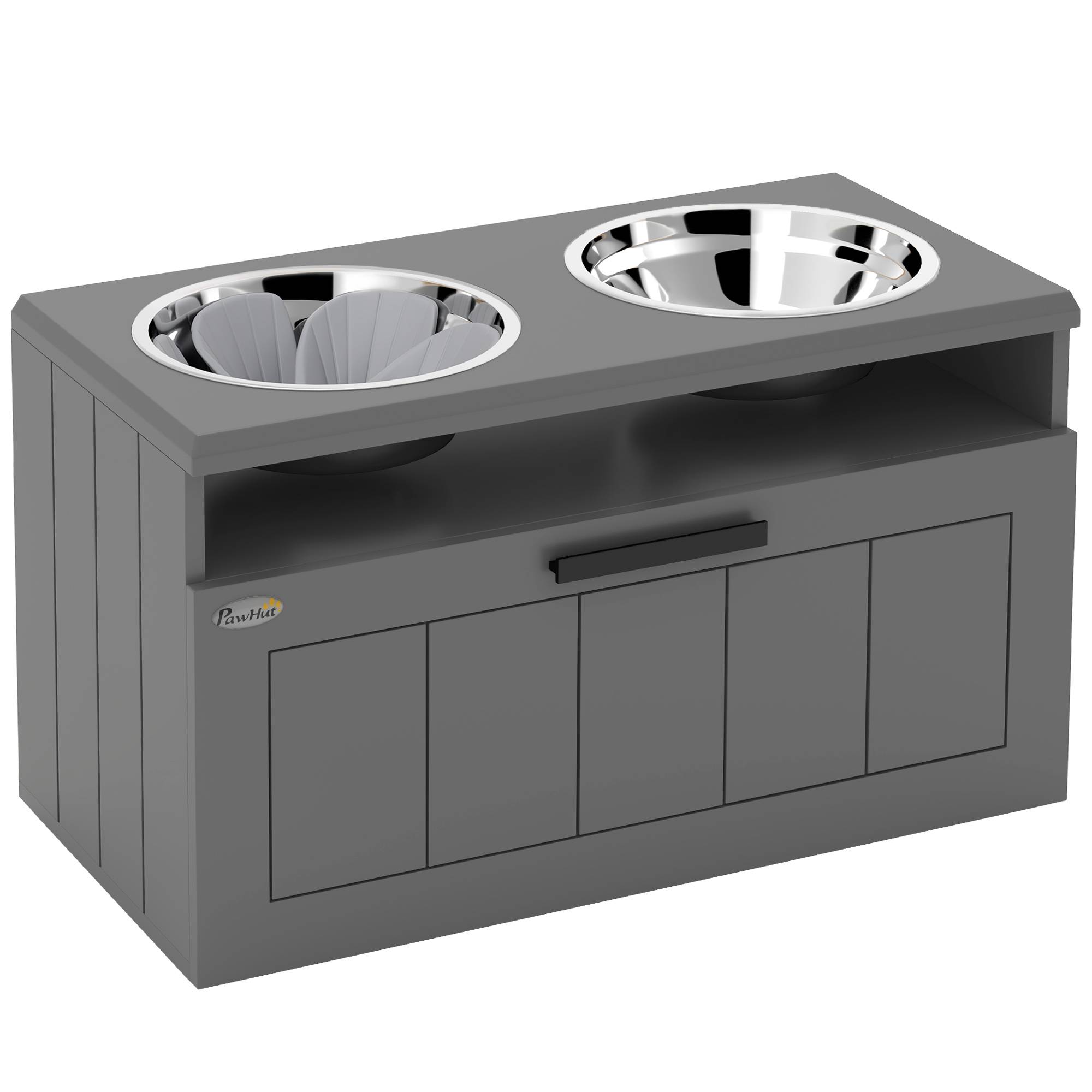 ComfortXL - Gamelle surélevée anti-glouton pour grand chien en MDF gris 60 x 30 x 35 cm avec 2 bols inox et tiroir - Image 10
