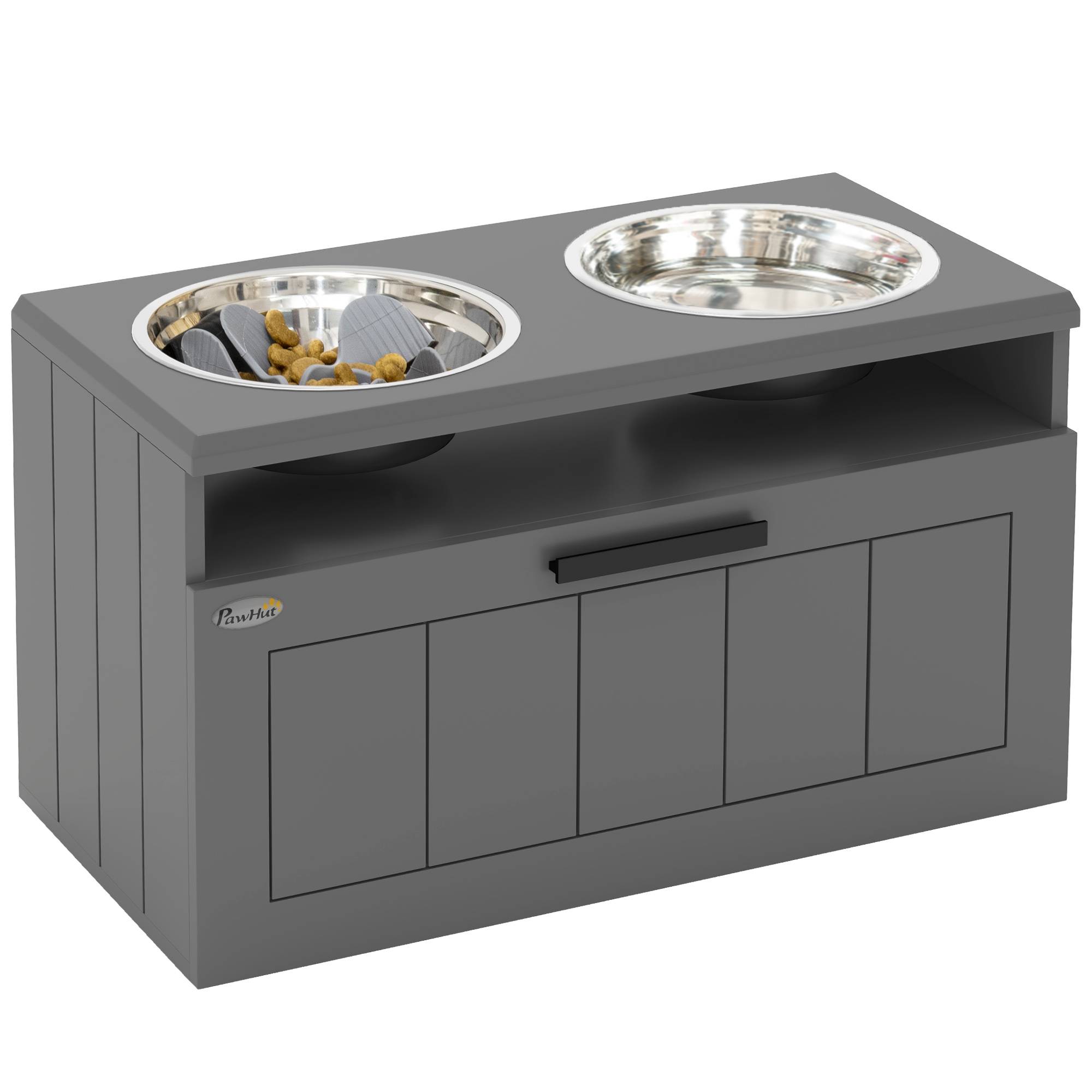 ComfortXL - Gamelle surélevée anti-glouton pour grand chien en MDF gris 60 x 30 x 35 cm avec 2 bols inox et tiroir - Image 2
