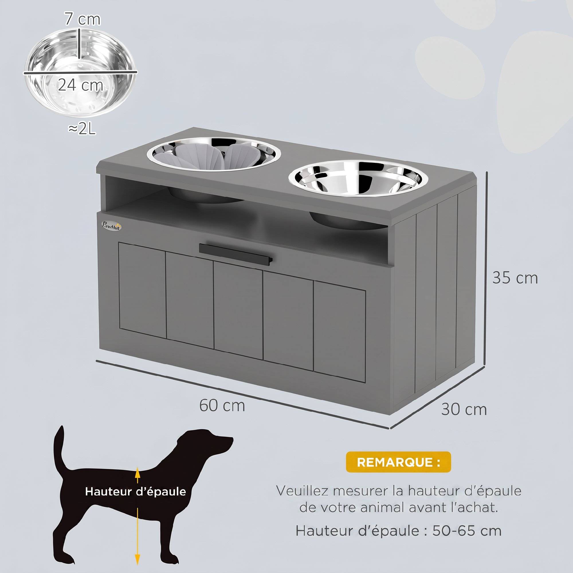 ComfortXL - Gamelle surélevée anti-glouton pour grand chien en MDF gris 60 x 30 x 35 cm avec 2 bols inox et tiroir - Image 3