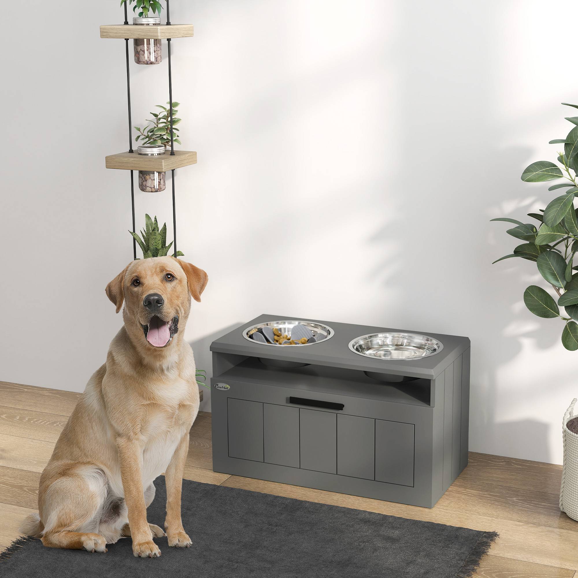 ComfortXL - Gamelle surélevée anti-glouton pour grand chien en MDF gris 60 x 30 x 35 cm avec 2 bols inox et tiroir - Image 1