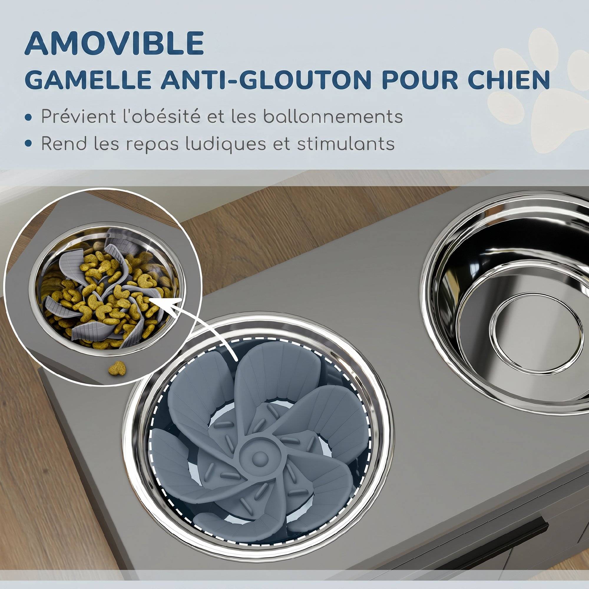 ComfortXL - Gamelle surélevée anti-glouton pour grand chien en MDF gris 60 x 30 x 35 cm avec 2 bols inox et tiroir - Image 4