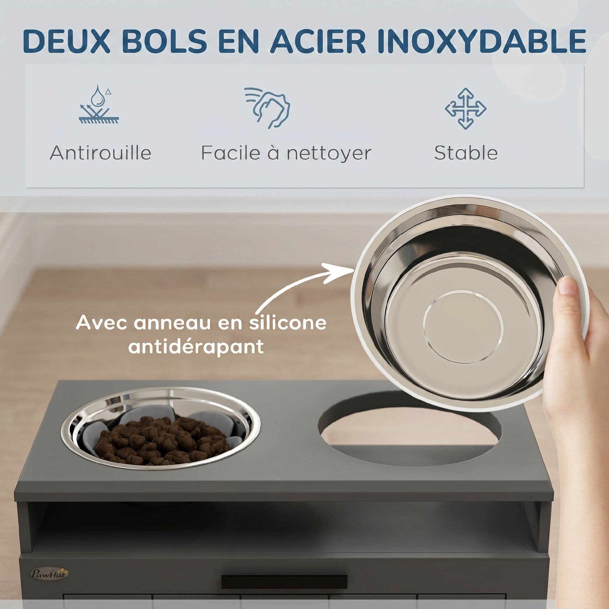 ComfortXL - Gamelle surélevée anti-glouton pour grand chien en MDF gris 60 x 30 x 35 cm avec 2 bols inox et tiroir - Image 7