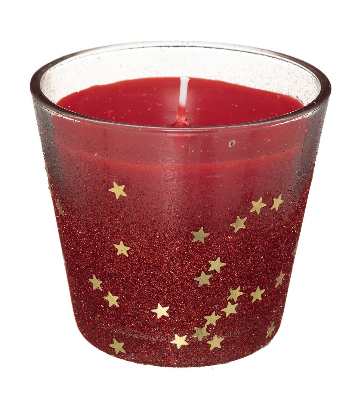 Bougie Rouge dans un Pot en verre pailleté et étoilé 190G