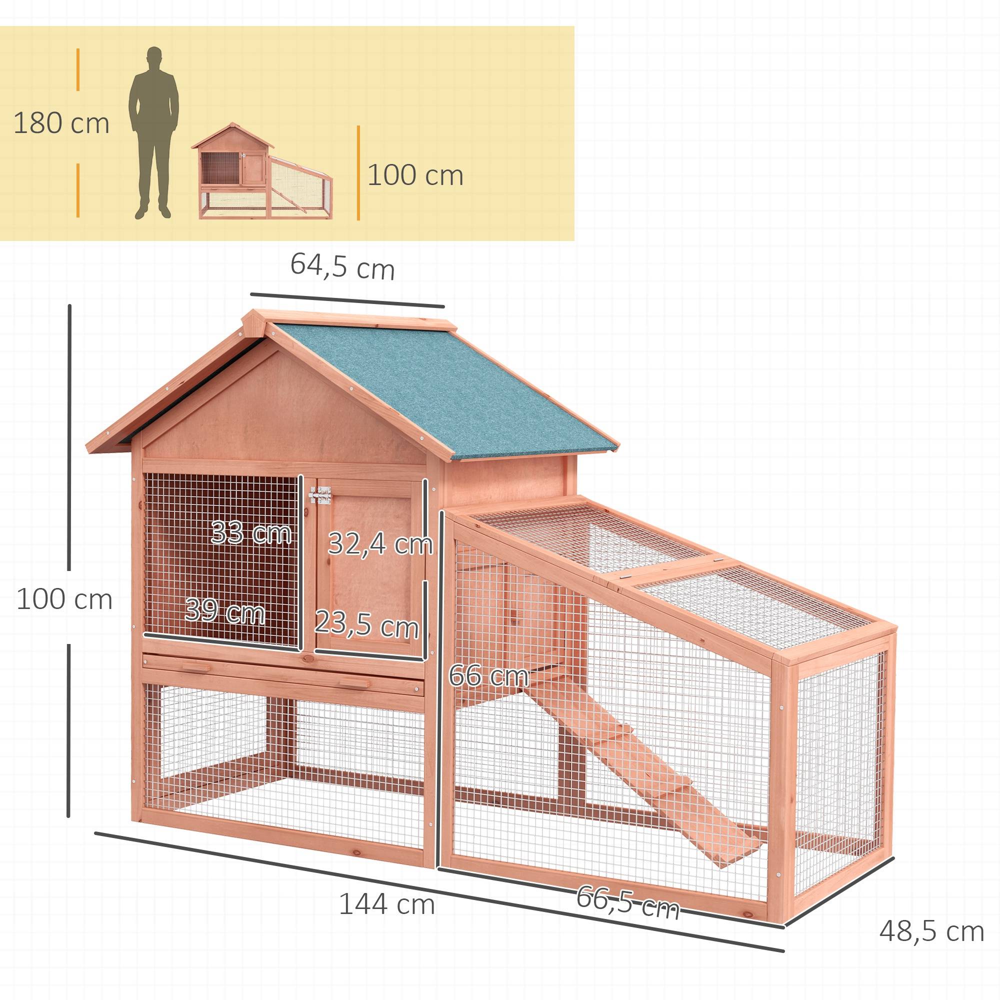 Sans Marque - Clapier extérieur bois cage deux niveaux toit porte fenêtre bac amovible lavable grand confort 144x64,5x100 cm - Image 5