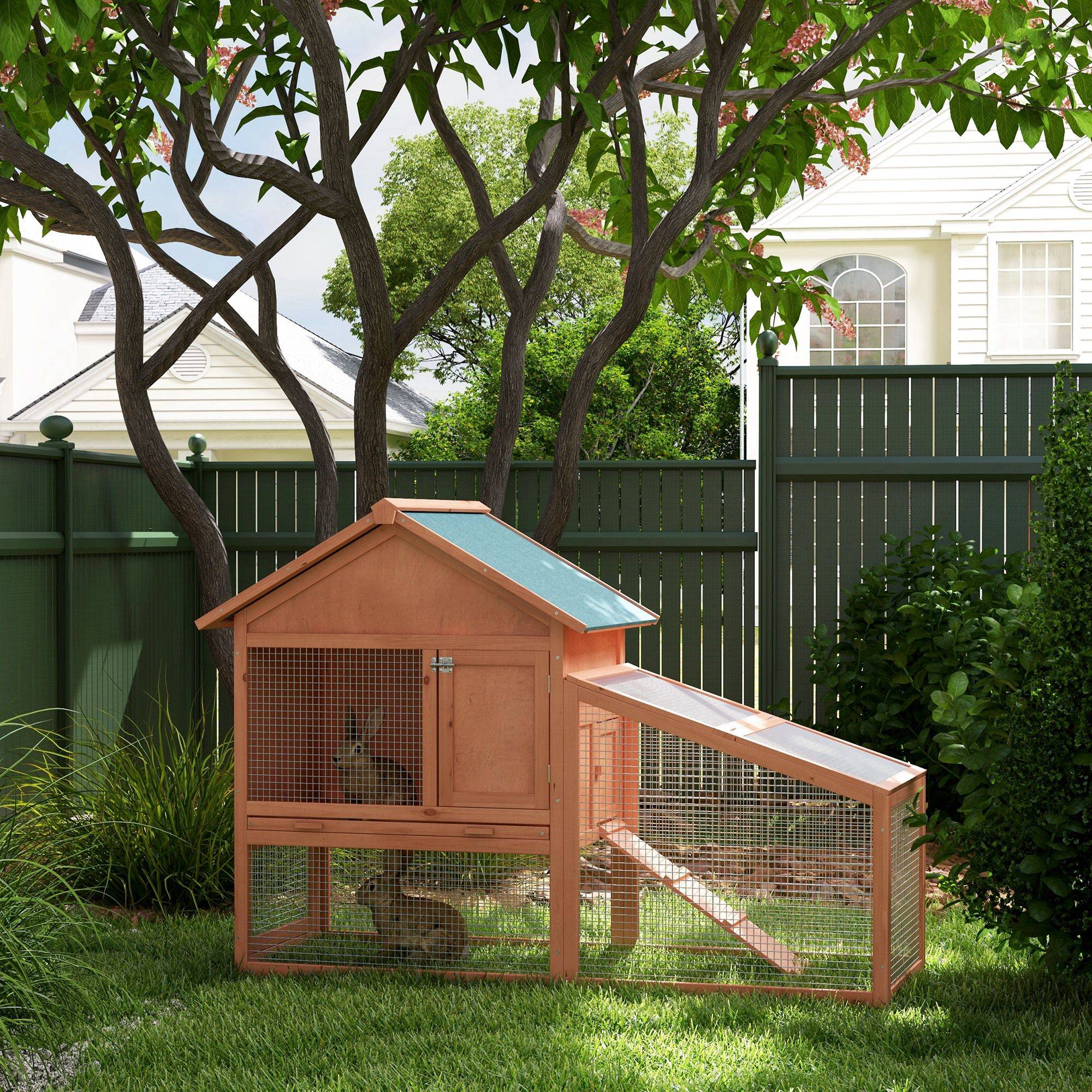 Sans Marque - Clapier extérieur bois cage deux niveaux toit porte fenêtre bac amovible lavable grand confort 144x64,5x100 cm - Image 4