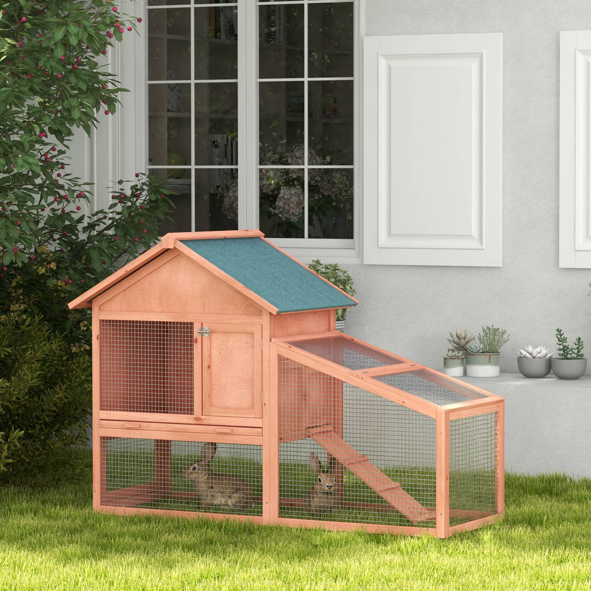Sans Marque - Clapier extérieur bois cage deux niveaux toit porte fenêtre bac amovible lavable grand confort 144x64,5x100 cm - Image 3