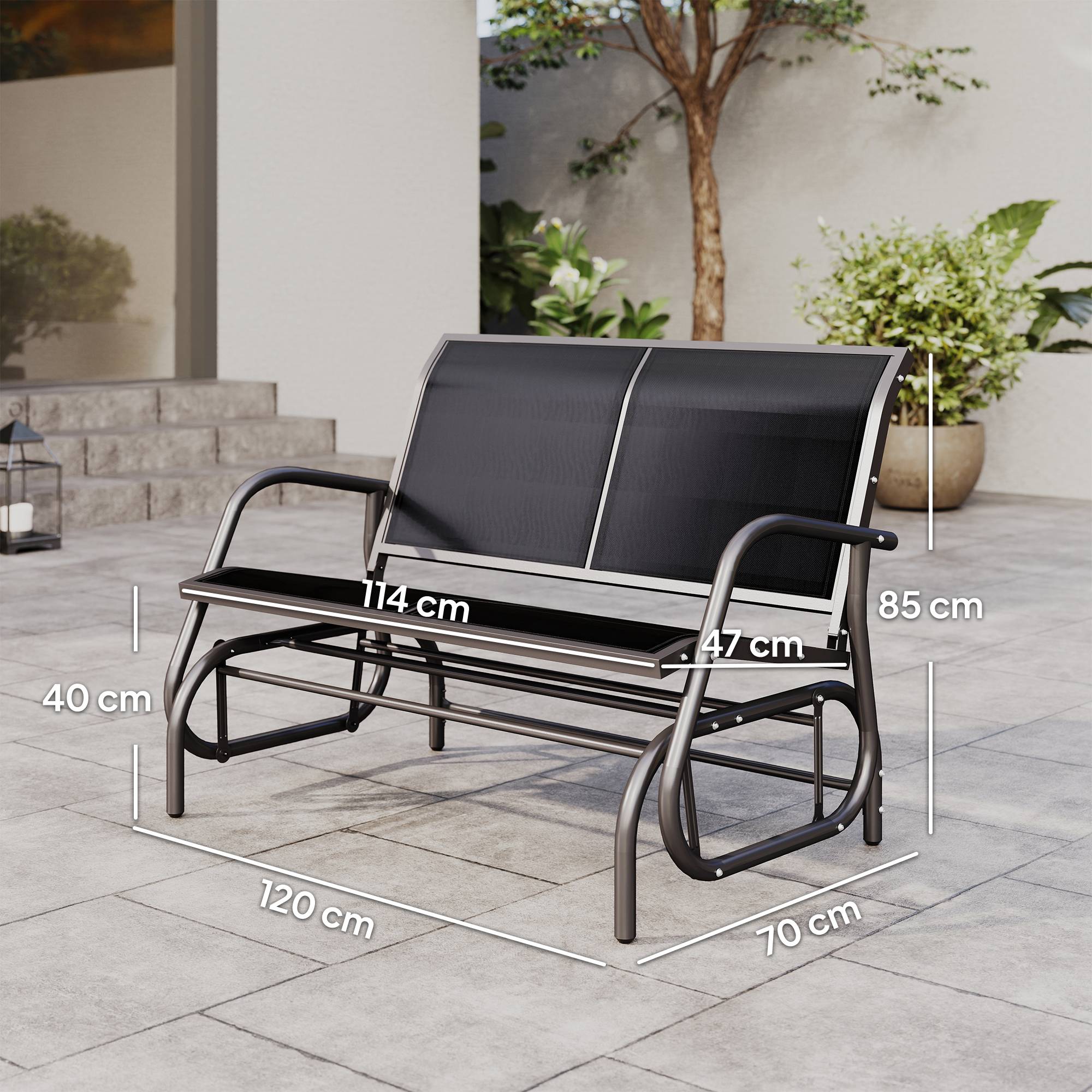 Banc à bascule métal terrasse 2 places assise ergonomique textilène 120cm noir - ComfortXL Outdoor Living - Image 5