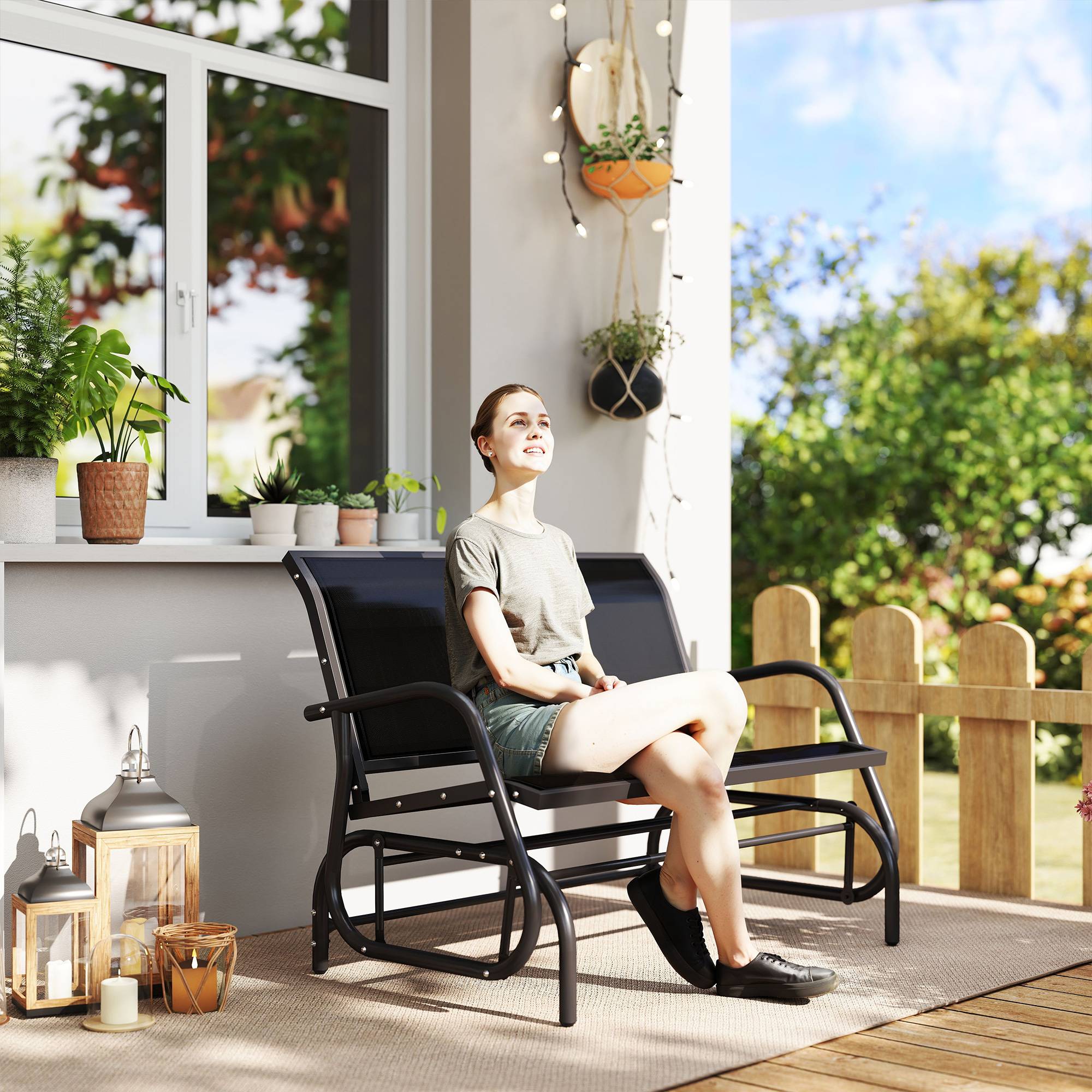 Banc à bascule métal terrasse 2 places assise ergonomique textilène 120cm noir - ComfortXL Outdoor Living - Image 3