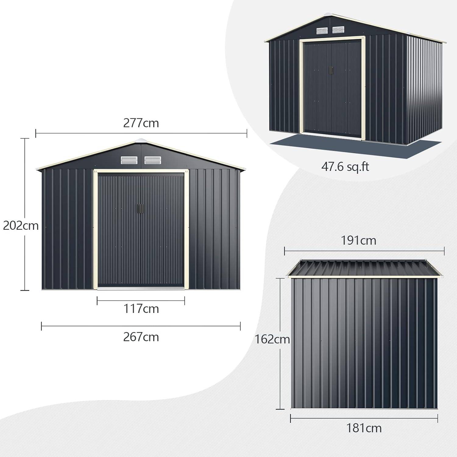 Abri de jardin 5,29 ㎡277 x 191 x 202 cm avec 2 portes coulissantes 4 trous d’aération gris - Image 5