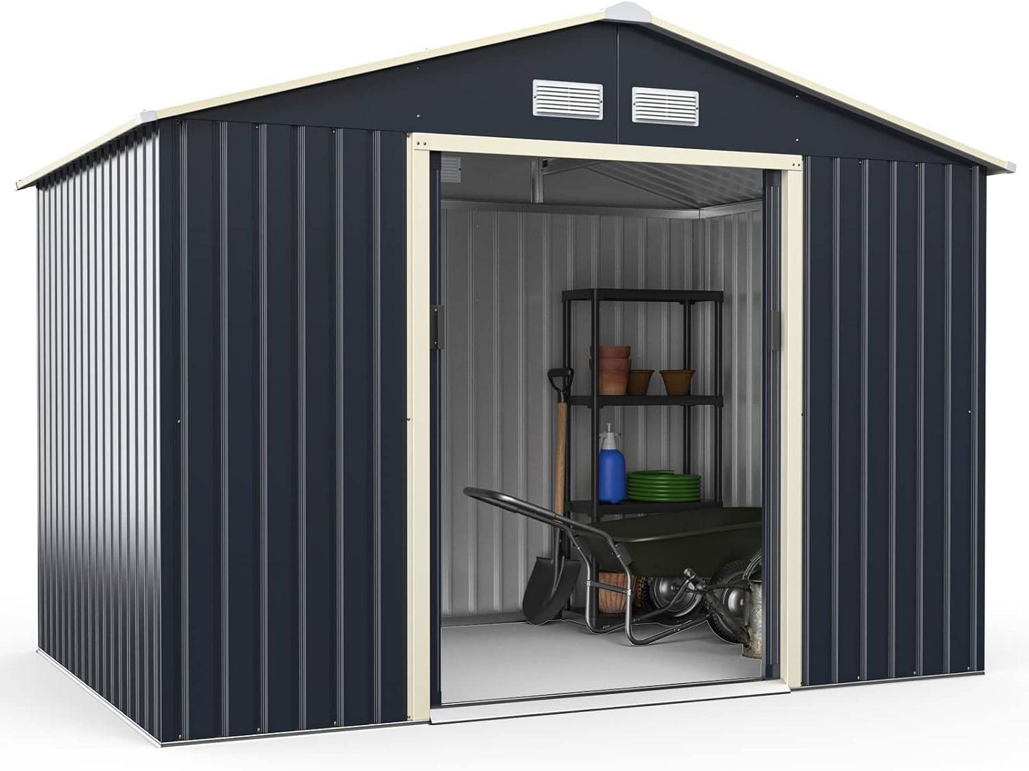 Abri de jardin 5,29 ㎡277 x 191 x 202 cm avec 2 portes coulissantes 4 trous d’aération gris - Image 1
