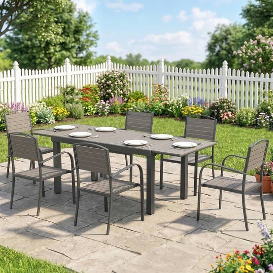 Salon de jardin aluminiums et composites gris 225 x 85 x 75 cm - PANGIVO - Image 4