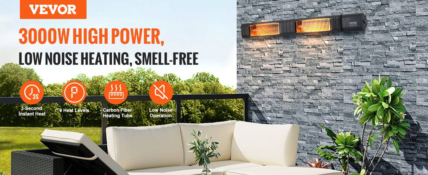Vevor - VEVOR Chauffage extérieur terrasse 3000 W, infrarouge, télécommande, 9 vitesses. IP65, mural, patio. - Image 9