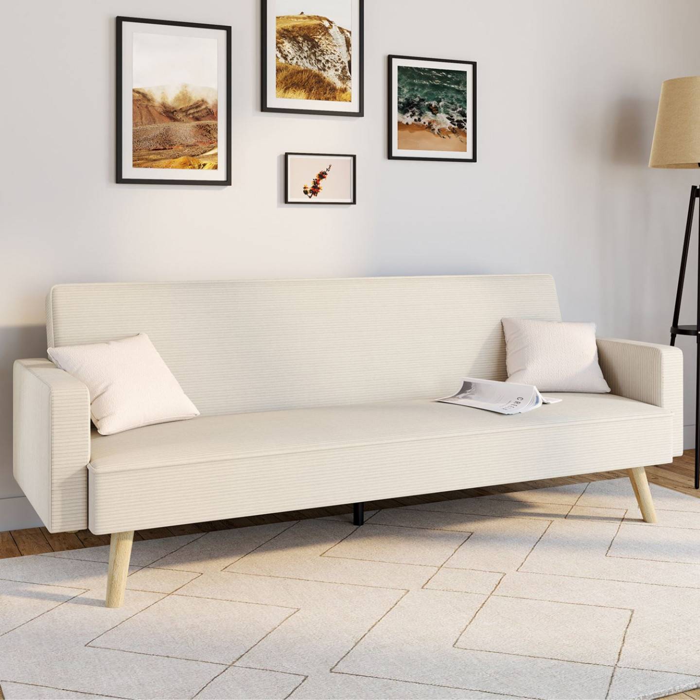 IDMARKET - Canapé droit scandinave 3 places convertible LARS en velours côtelé beige - Image 1