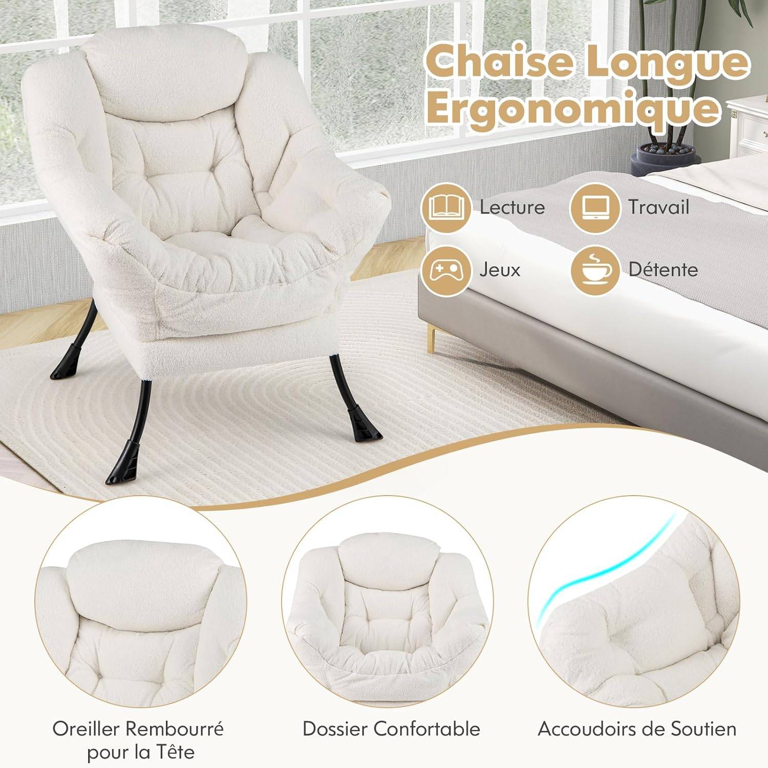 Costway - COSTWAY Fauteuil Salon Scandinave, Fauteuil Relax en Sherpa avec Oreiller et Poche Latérale, Fauteuil Chambre pour Lecture,pour Charger 150 KG (Beige) - Image 3