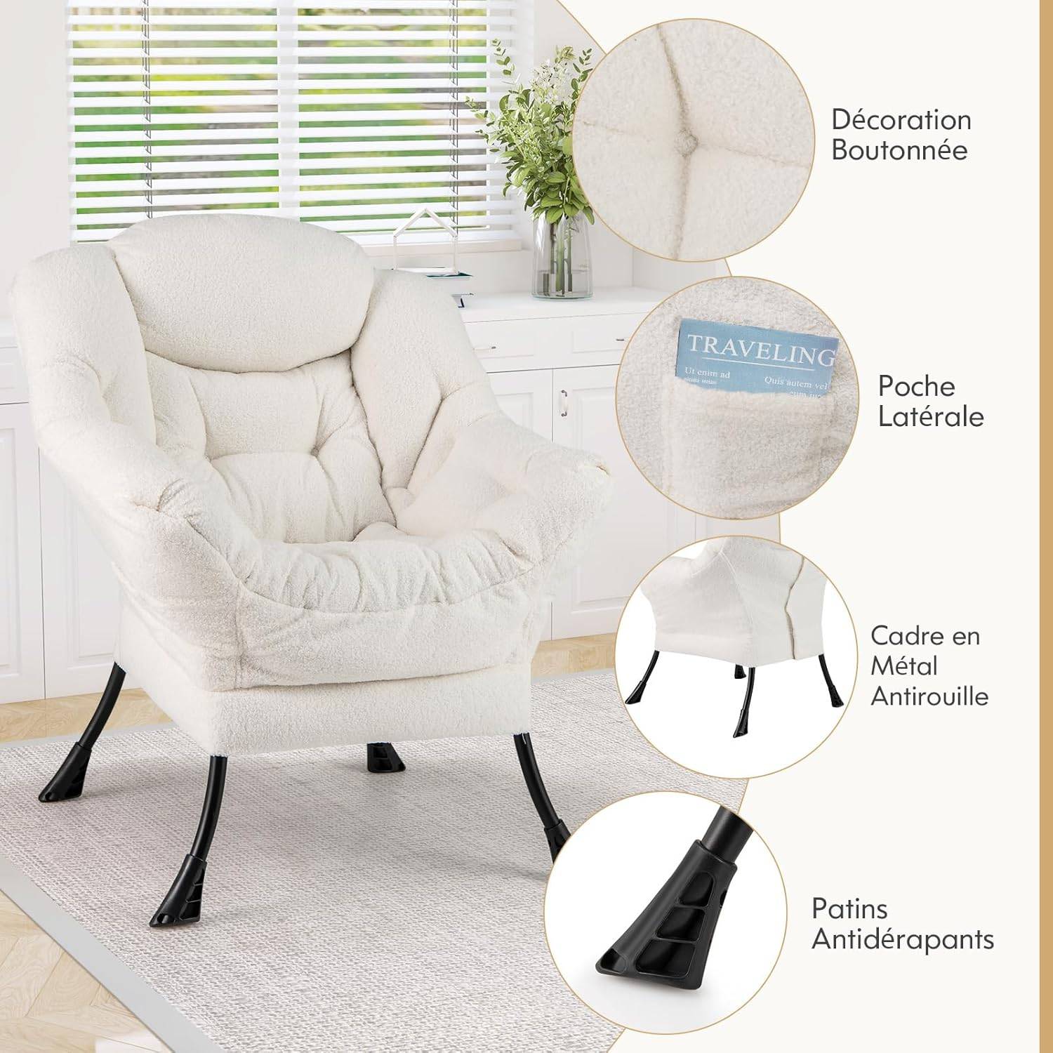 Costway - COSTWAY Fauteuil Salon Scandinave, Fauteuil Relax en Sherpa avec Oreiller et Poche Latérale, Fauteuil Chambre pour Lecture,pour Charger 150 KG (Beige) - Image 4