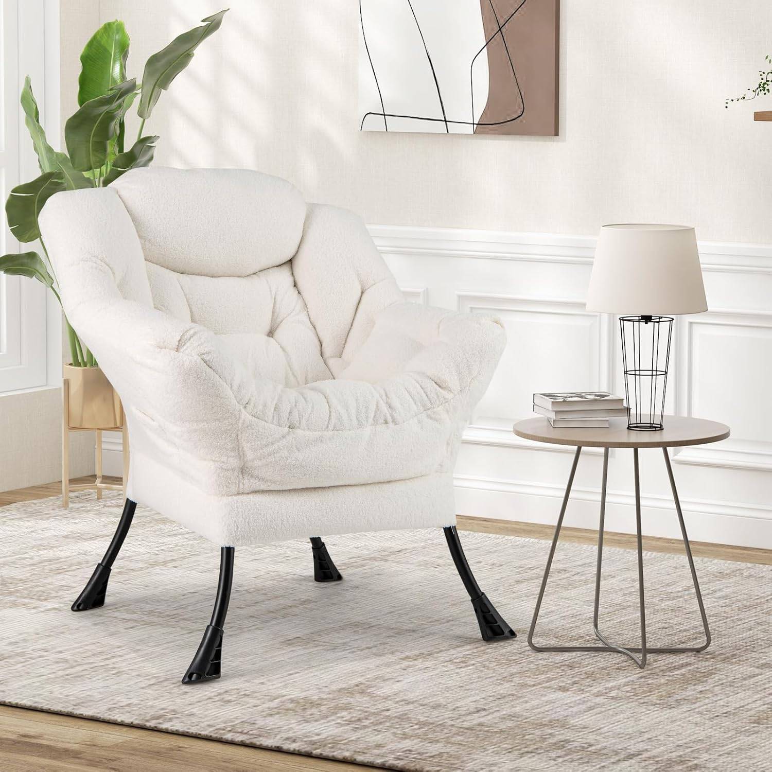 Costway - COSTWAY Fauteuil Salon Scandinave, Fauteuil Relax en Sherpa avec Oreiller et Poche Latérale, Fauteuil Chambre pour Lecture,pour Charger 150 KG (Beige) - Image 6