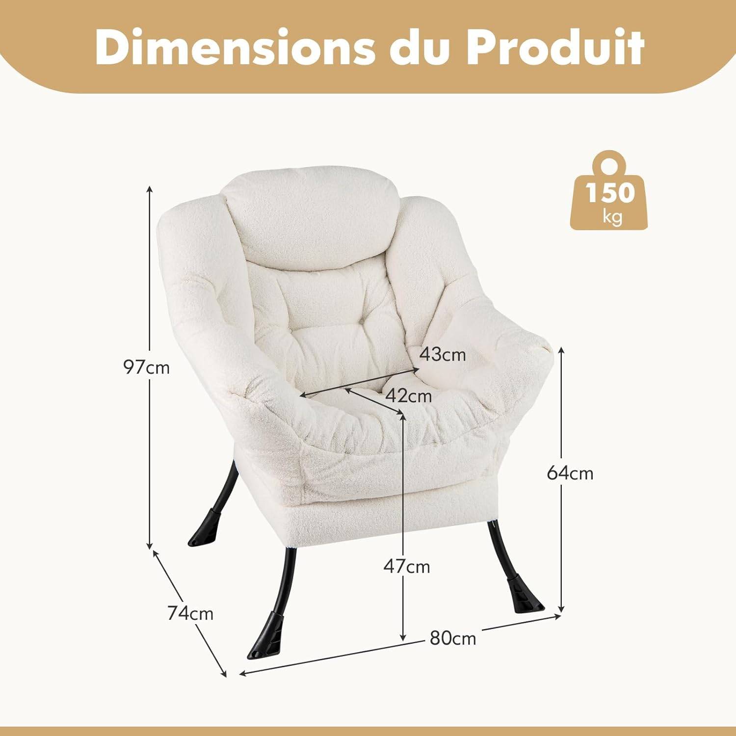 Costway - COSTWAY Fauteuil Salon Scandinave, Fauteuil Relax en Sherpa avec Oreiller et Poche Latérale, Fauteuil Chambre pour Lecture,pour Charger 150 KG (Beige) - Image 1