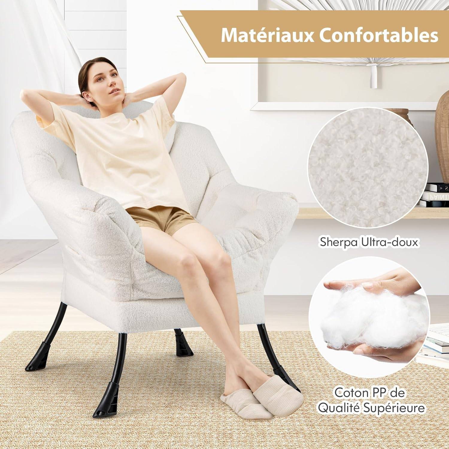 Costway - COSTWAY Fauteuil Salon Scandinave, Fauteuil Relax en Sherpa avec Oreiller et Poche Latérale, Fauteuil Chambre pour Lecture,pour Charger 150 KG (Beige) - Image 2