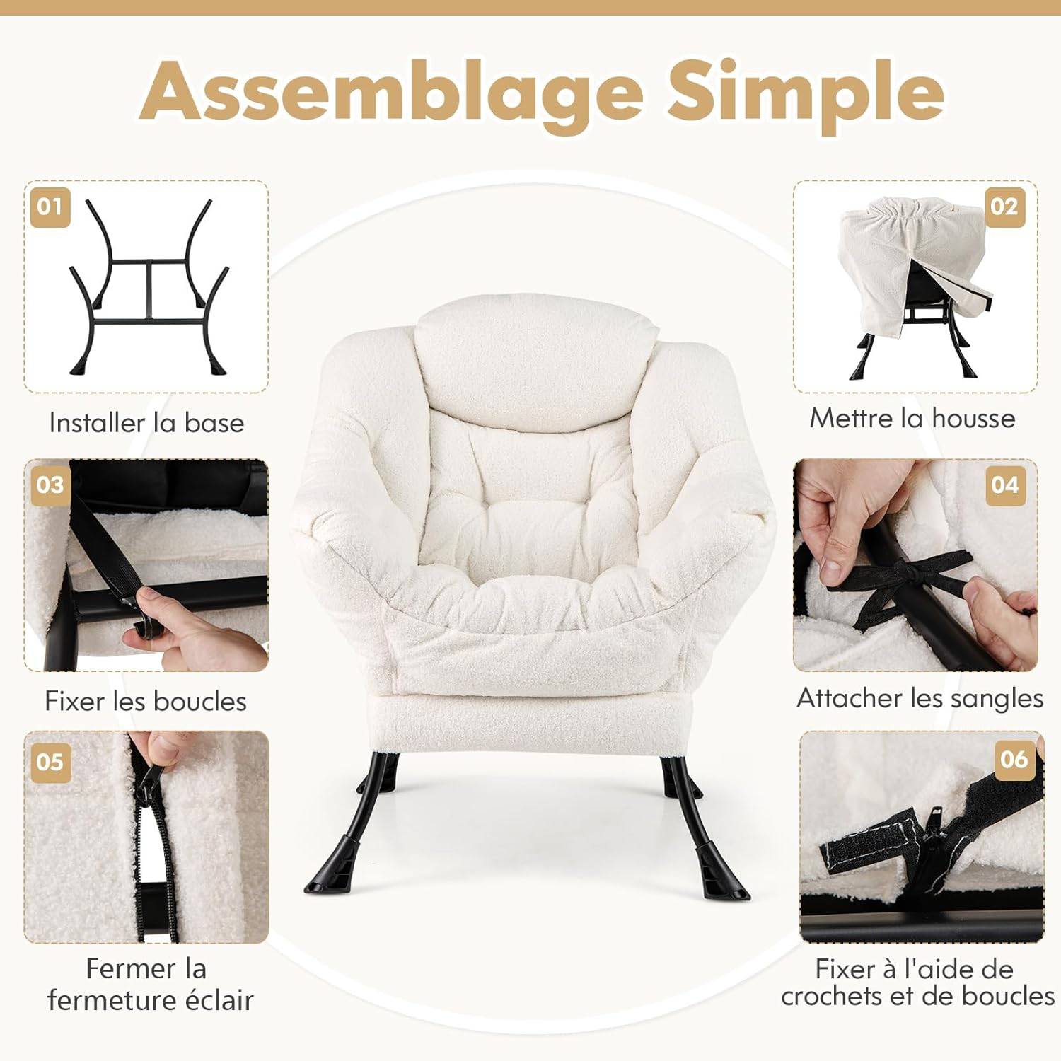 Costway - COSTWAY Fauteuil Salon Scandinave, Fauteuil Relax en Sherpa avec Oreiller et Poche Latérale, Fauteuil Chambre pour Lecture,pour Charger 150 KG (Beige) - Image 5