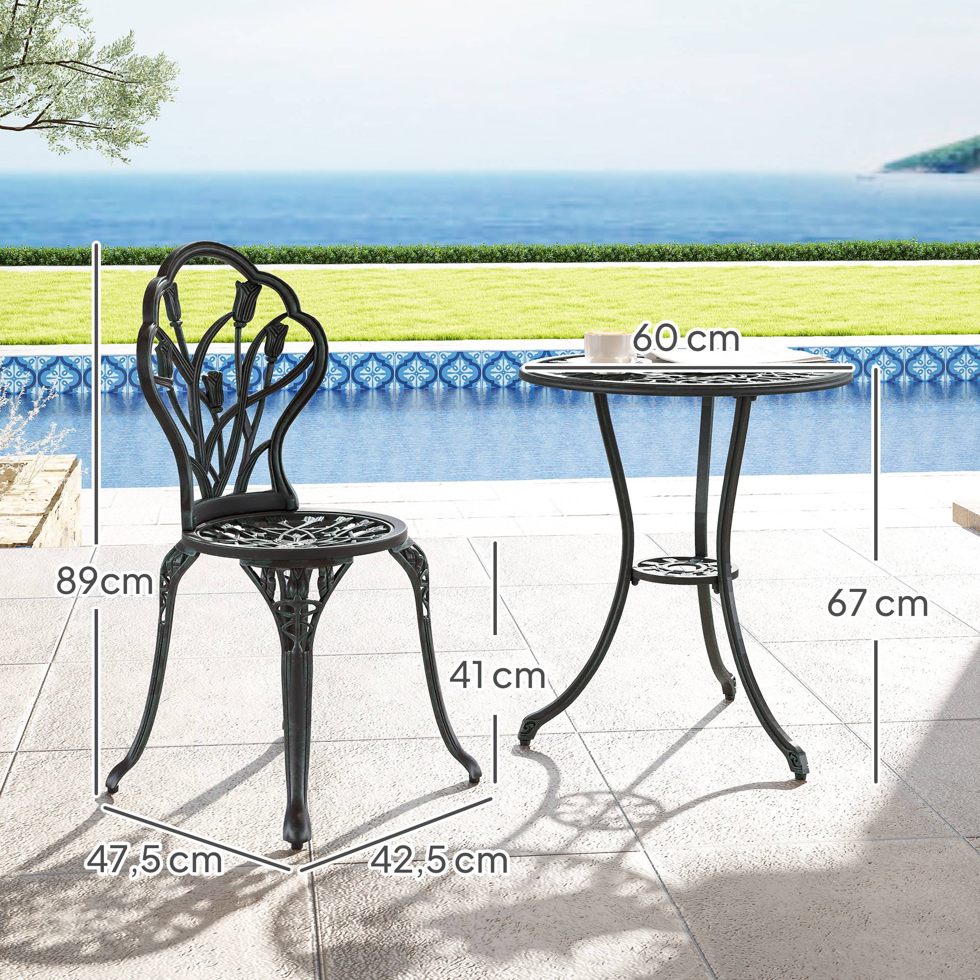 Table De Jardin Bistrot Pliante Métal + 2 Assises Kaki D.60 X 70cm Acier Thermolaque