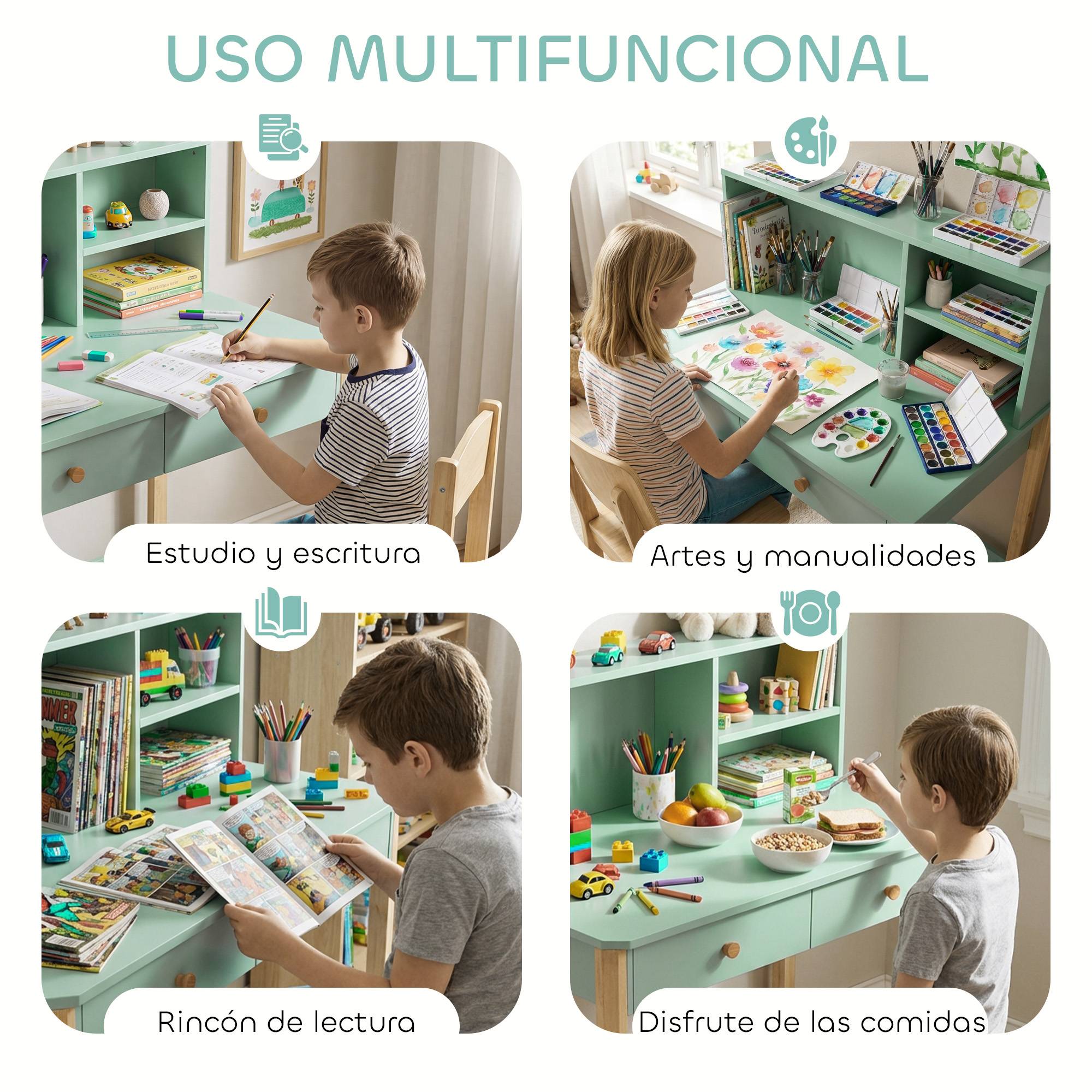 Bureau enfant, table de bureau avec 3 compartiments ouverts et 2 tiroirs, 90 x 52 x 105 cm, vert - Image 10