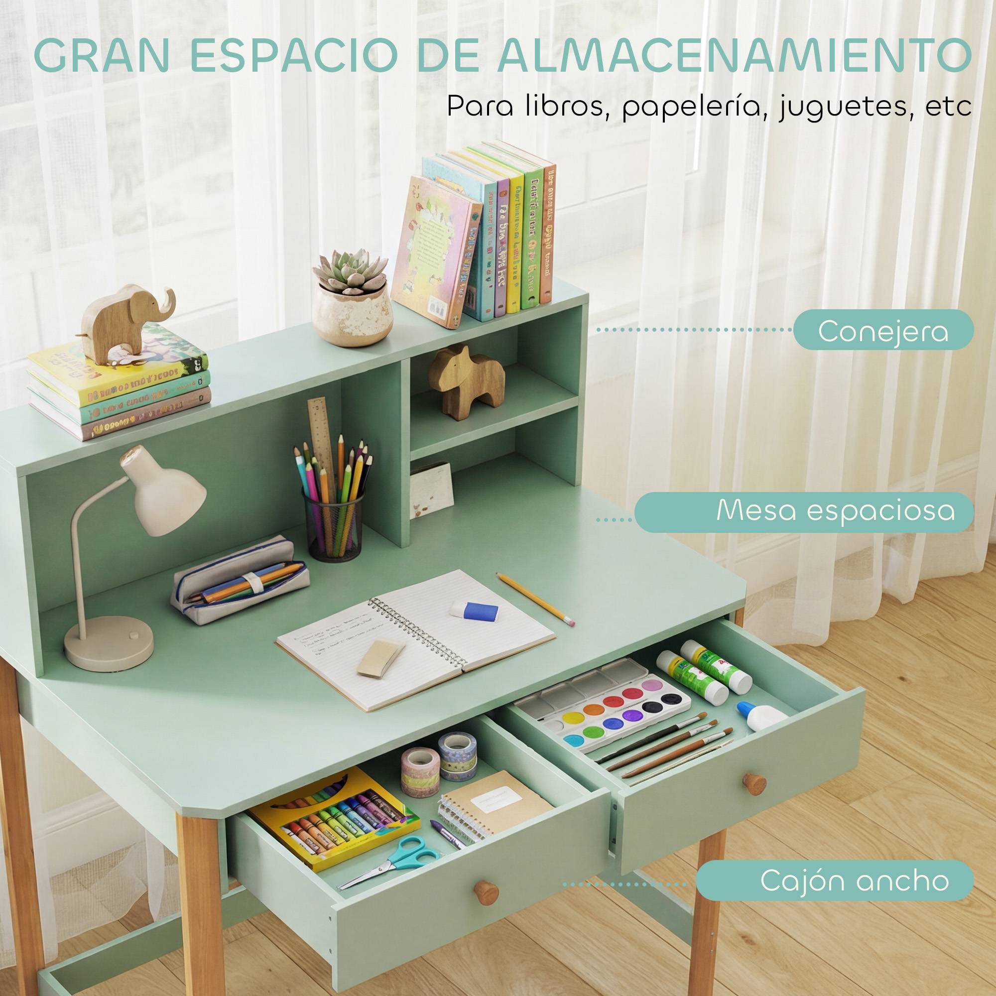 Bureau enfant, table de bureau avec 3 compartiments ouverts et 2 tiroirs, 90 x 52 x 105 cm, vert - Image 6