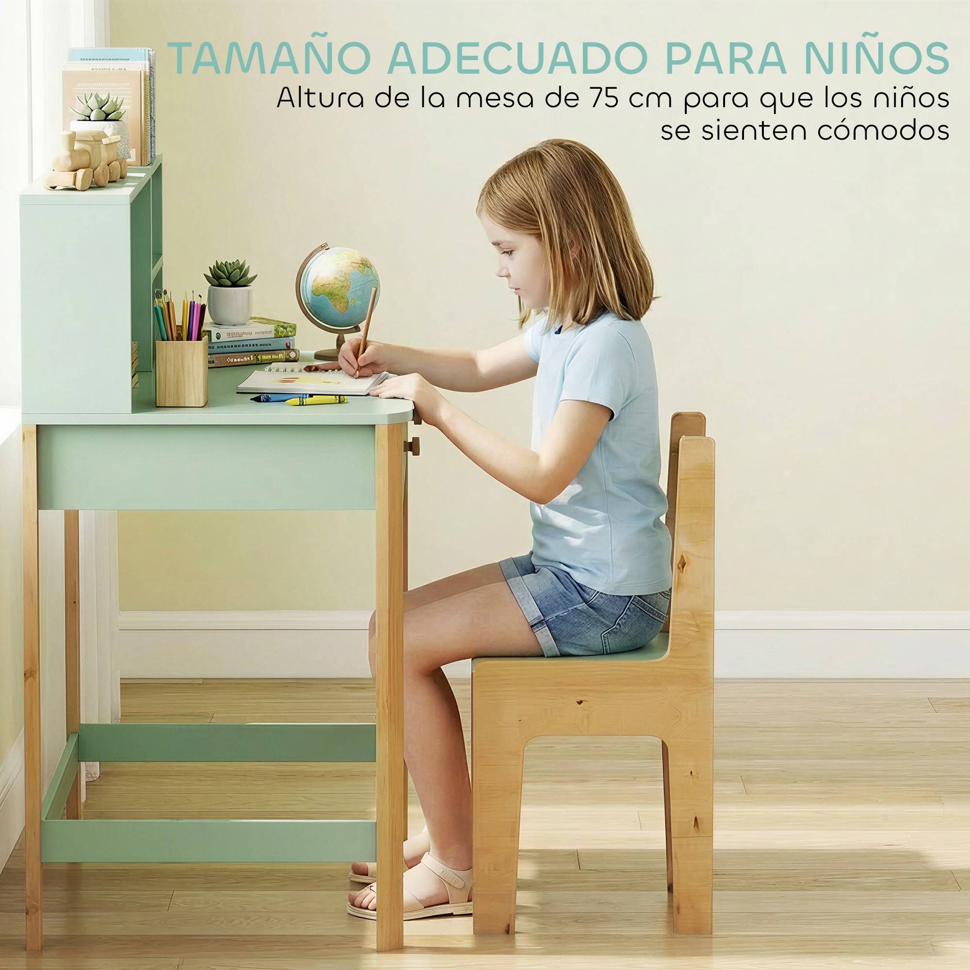 Bureau enfant, table de bureau avec 3 compartiments ouverts et 2 tiroirs, 90 x 52 x 105 cm, vert - Image 8