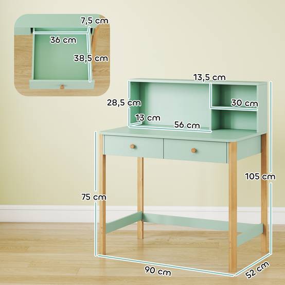Bureau enfant, table de bureau avec 3 compartiments ouverts et 2 tiroirs, 90 x 52 x 105 cm, vert - Image 5