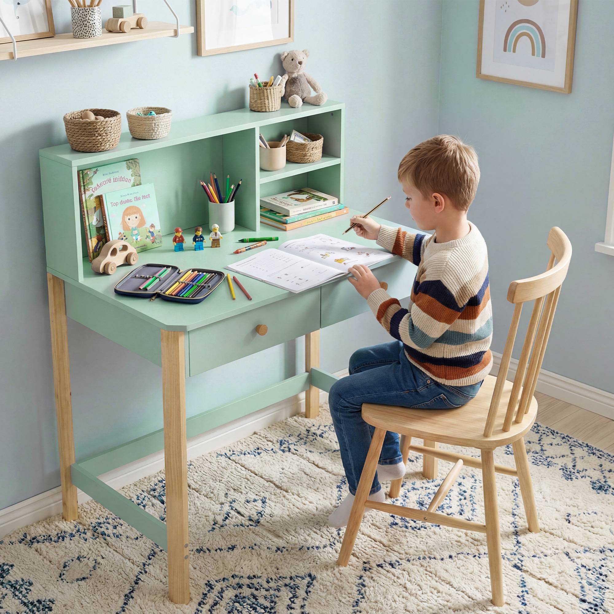 Bureau enfant, table de bureau avec 3 compartiments ouverts et 2 tiroirs, 90 x 52 x 105 cm, vert - Image 4