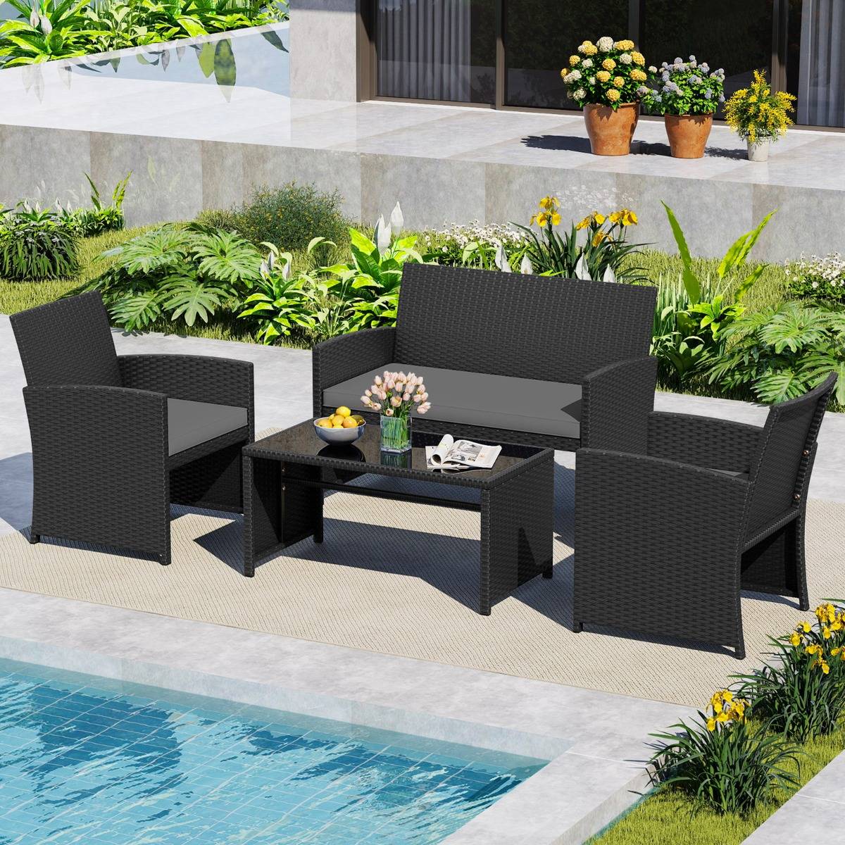 Ensemble de Salon de Jardin en Rotin PE 4 Pièces Canapé 2 Places en Osier avec Fauteuils et Table Basse en Verre Trempé Gris MAISON CHIC - Image 4