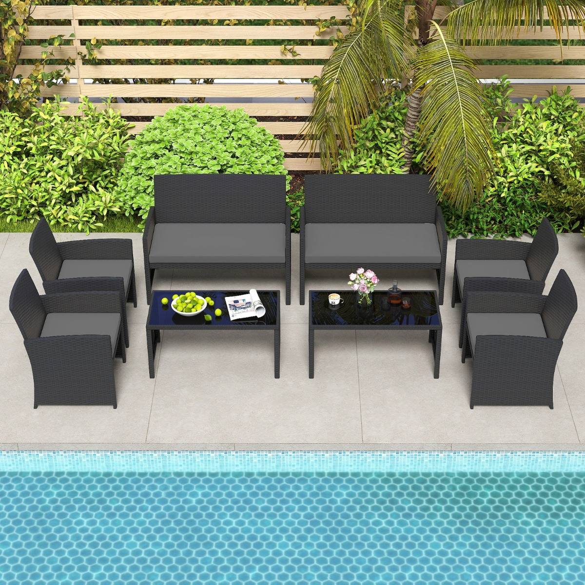 Ensemble de Salon de Jardin en Rotin PE 4 Pièces Canapé 2 Places en Osier avec Fauteuils et Table Basse en Verre Trempé Gris MAISON CHIC - Image 3